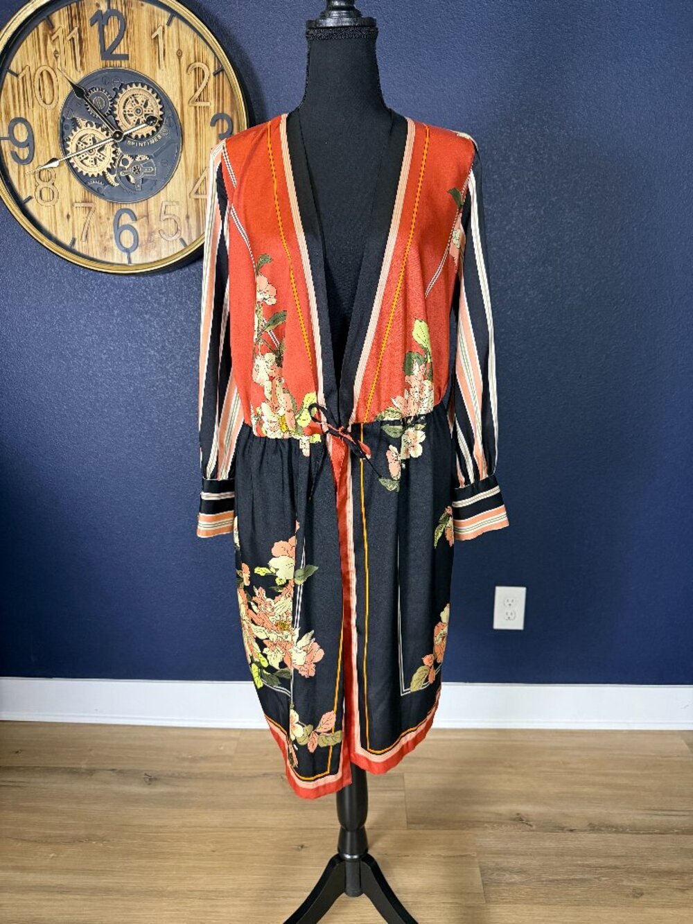 Zara Basic Rust Floral Stripe Print Open Front Cardigan | XS